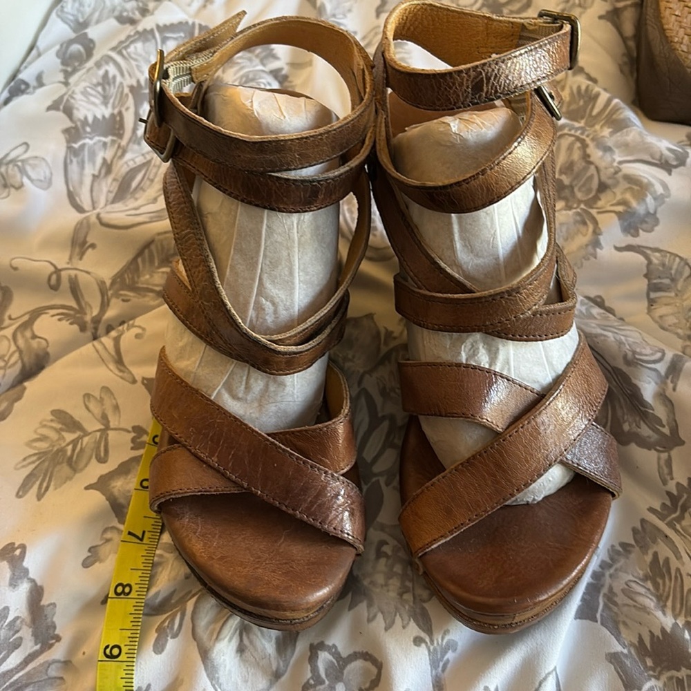 Worn one time.  Leather wedges. Brand Bed Stu. Size 9m.  Color Tan.